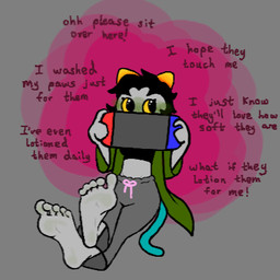 barefoot black_hair blush clothing coat feet foot_fetish green_clothing green_coat green_topwear grey_body grey_skin hair horn solo thoughts topwear yellow_sclera glamburger_(artist) homestuck ms_paint_adventures nintendo nintendo_switch nepeta_leijon alien humanoid troll_(homestuck) low_res