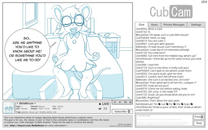 anthro bed bedroom biped buckteeth cam_show camera_view camgirl cellphone chair chat chat_box clothing electronics eyes_closed eyewear female flat_chested footwear furniture glasses livestream office_chair phone recording shoes smartphone solo standing teeth text young young_anthro aogami cubcam bella_mouse house_mouse mammal mouse murid murine rodent 16:10 2017 absurd_res blue_and_white digital_media_(artwork) english_text hi_res monochrome url widescreen