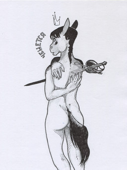 anthro black_mane crown female hands_on_back headgear impalement mane melee_weapon nude nude_anthro rapier simple_background solo standing sword tail text weapon adeptus-monitus equid equine horse mammal pony black_and_white cyrillic_text monochrome