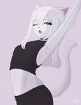 anthro blue_eyes choker clothing crop_top femboy fur hair jewelry male midriff necklace open_mouth shirt solo stretching topwear white_body white_fur white_hair yawn yeetboi420z dakota_(yeetboi420z) domestic_cat felid feline felis mammal hi_res