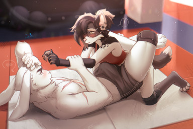 5_fingers anthro anthro_on_anthro biped black_hair blush breasts bulge clothed clothed_anthro clothed_female clothed_male clothing duo erection erection_under_clothing feet female female_anthro fingers fur grey_tail hair inside kneeling lying male male/female male_anthro on_back scar side_view tail toes white_body white_fur wrestling lanhai marshall_(spuydjeks) spuydjeks_(character) hyena lagomorph leporid mammal rabbit 2025 digital_drawing_(artwork) digital_media_(artwork) hi_res