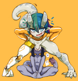 balls bent_over dipstick_tail duo flaccid foreskin genitals hair horn humanoid_genitalia humanoid_penis living_tail long_tail looking_at_viewer male markings monster_girl_(genre) multicolored_hair multicolored_tail not_furry penis presenting prosthetic prosthetic_leg prosthetic_limb simple_background speech_bubble spread_legs spreading tail tail_markings tail_mouth unusual_anatomy unusual_tail white_balls doppel docu_(doppel) humanoid character_request pictographics
