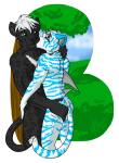 2011 amocin anthro digital_media_(artwork) duo eye_contact felid fin fish fur grass hair hybrid jaguar kissing looking_at_another male male/male mammal marine melanistic nude outside pantherine plant shark storm_(tiger/shark)_(storm-tiger) striped_body striped_fur stripes tail tiger tree