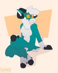 anthro biped black_horn crossed_legs eyewear fur glasses hair hooves horn male simple_background sitting solo tail teal_body wool_(fur) yellow_eyes switchbit bovid caprine mammal sheep 4:5 digital_media_(artwork) hi_res