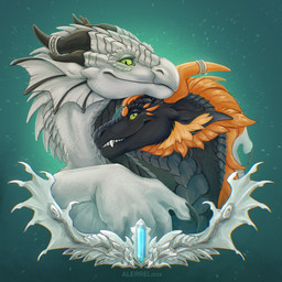 black_body black_scales digit_ring duo female feral golden_mane green_eyes horn horn_jewelry horn_ring hug jewelry male male/female married married_couple ring ring_(jewelry) scales wedding wedding_ring white_body white_scales alerrel european_mythology mythology lerrel_dragonis stinsilviing dragon mythological_creature mythological_scalie scalie western_dragon winged_dragon 2024 hi_res