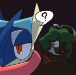 ambiguous_gender anthro beak duo feathers long_tongue nervous question_mark simple_background speech_bubble tongue block_(artist) nintendo pokemon amphibian avian bird decidueye generation_6_pokemon generation_7_pokemon greninja pokemon_(species) 2019