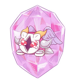2_horns ambiguous_gender bodily_fluids chibi crying crystal feathered_wings feathers front_view horn lying mask not_furry on_front pink_body pink_eyes sad simple_background solo tears three-quarter_view wearing_mask white_background wings yellow_horn shibulio kirby_(series) nintendo galacta_knight waddling_head 2026 digital_drawing_(artwork) digital_media_(artwork) full-length_portrait hi_res portrait