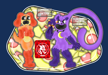 anthro belly black_nose black_sclera chest_tuft detailed_eyes dog_tail duo fluffy fur jewelry male moon_necklace necklace open_mouth open_smile orange_body pattern_background purple_body purple_fur purple_skin simple_background smile solo sun_necklace surprised tuft white_eyes yellow_belly jdbo-arts mob_entertainment poppy_playtime smiling_critters catnap_(poppy_playtime) dogday_(poppy_playtime) canid canine canis critters_(poppy_playtime) domestic_cat domestic_dog felid feline felis living_toy mammal alpha_channel hi_res
