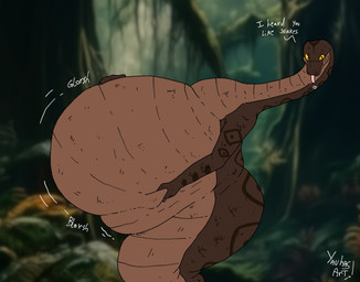 ambiguous_gender anthro apode belly big_belly brown_arms brown_belly brown_body brown_stripes hand_on_belly huge_belly legless orange_eyes overweight rumbling_stomach serpentine stripes talking_to_viewer text tongue tongue_out yauhasart mboi_(yauhasart) draconcopode naga reptile scalie snake 2025 english_text flat_colors hi_res watermark