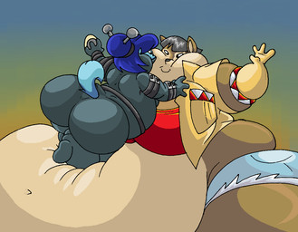anthro belly big_belly big_breasts big_butt black_hair blue_body blue_fur blue_hair bottomwear breasts butt chubby_cheeks clothing crop_top deep_navel duo feeding female food footwear fur gloves hair handwear huge_belly huge_breasts huge_thighs jacket morbidly_obese morbidly_obese_anthro morbidly_obese_female navel ninja ninja_suit obese obese_anthro obese_female overweight overweight_anthro overweight_female shirt shorts stuffing tan_body tan_fur thick_thighs topwear warrior weapon virus-20 june_coyote katana-mai akita canid canine canis coyote domestic_dog mammal spitz 2016 digital_media_(artwork)