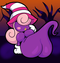 big_breasts big_butt black_outline breasts butt clothing curvy_figure detailed_background featureless_breasts female fingers gloves hair hair_over_eyes handwear hat headgear headwear huge_butt legless lips long_hair not_furry nude outline outside pink_hair purple_body purple_skin sitting solo thick_thighs voluptuous white_clothing white_gloves white_handwear wide_hips yellow_lips someth1ngoranother mario_bros nintendo paper_mario vivian_(mario) ghost humanoid shadow_siren spirit 2021 absurd_res digital_media_(artwork) hi_res