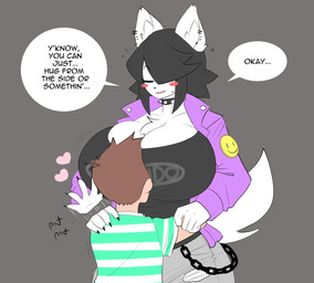 5_fingers anthro big_breasts black_hair blush blush_stickers bottomwear breasts chest_tuft cleavage clothed clothing collar duo ear_piercing eyes_closed female fingers grey_background hair heart_symbol hug huge_breasts inner_ear_fluff jacket larger_anthro larger_female male piercing shirt short_hair shorts simple_background size_difference smaller_human smaller_male spiked_collar spikes text text_on_clothing text_on_shirt text_on_topwear topwear tuft theycallhimcake maggie_applebee canid canine canis domestic_dog human mammal 2021 english_text hi_res