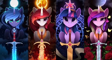 blue_eyes blue_hair crown female feral fire flower full_moon group hair headgear heart_symbol horn looking_at_viewer melee_weapon moon night outside partitioning plant purple_eyes red_hair rose_(flower) smile star sun sword translucent translucent_hair weapon wings yakovlev-vad friendship_is_magic hasbro my_little_pony mythology princess_cadance_(mlp) princess_celestia_(mlp) princess_luna_(mlp) twilight_sparkle_(mlp) arthropod butterfly equid equine horse insect lepidopteran mammal mythological_creature mythological_equine pony winged_unicorn 2018 2019 absurd_res digital_media_(artwork) hi_res multiple_images
