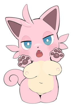 4_fingers anthro blue_eyes blush breasts female fingers nipples palmorph paws pink_body solo oposa palworld pocketpair cattiva felid feline mammal pal_(species) absurd_res hi_res