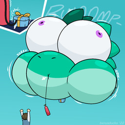 air_inflation air_tank ambiguous_gender anthro big_cheeks big_head black_hose box brown_hair cheek_expansion clothed clothing container countershade_face countershading duo eye_expansion faceless_character floating gift_box green_head hair head_expansion head_inflation hose hose_in_mouth hose_inflation huge_cheeks huge_eyes huge_head hyper hyper_cheeks hyper_eyes hyper_head hyper_inflation inflation inside_box puffed_cheeks purple_eyes raised_arms short_hair simple_background sound_effects teal_background text vowelless vowelless_sound_effect year yellow_bow bxnusducks humanoid lizard reptile scalie 1:1 2022 artist_name digital_media_(artwork) shaded