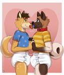 ageplay anthro bulge bulge_frottage clothed clothing collar diaper diaper_fetish duo erection erection_in_diaper fur hand_holding infantilism male male/male object_in_mouth pacifier pacifier_in_mouth pantsless roleplay simple_background tail wearing_diaper diaperdork akita canid canine canis domestic_dog mammal spitz digital_media_(artwork) hi_res