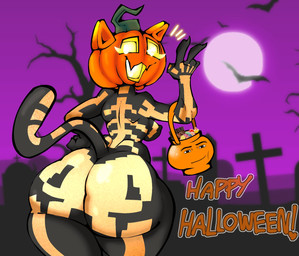 anthro big_butt bottom_heavy breasts butt cemetery eyelashes fangs female food for_a_head fruit full_moon gesture hand_gesture hand_on_hip holidays huge_butt jack-o'-lantern looking_at_viewer looking_back looking_back_at_viewer moon night nipple_outline one_eye_closed open_mouth open_smile plant pumpkin rear_view skeleton_costume small_breasts smile solo teeth thick_thighs tombstone tree v_sign wide_hips wink winking_at_viewer kccatboi2002 epic_games fortnite halloween spice_(fortnite) ambient_bat domestic_cat felid feline felis mammal object_head hi_res