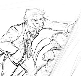 against_surface against_wall anthro clothed clothing cornered duo flirting fur hair hand_in_pocket hand_on_wall intimidation kabedon larger_male looking_at_another male male/male necktie pockets simple_background size_difference smile standing tail teeth tongue white_background pandottermon aperil ape haplorhine mammal monkey mustelid otter primate black_and_white monochrome sketch