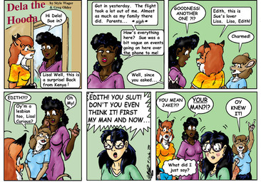 angry anthro black_hair blush breasts brown_body brown_fur brown_hair clothed clothed_female clothing dialogue dipstick_ears ear_markings eyewear female female/female fur glasses group hair looking_back multicolored_ears orange_body orange_fur orange_hair shirt tail text topwear yelling style_wager dela_the_hooda dela_aldershaw edith_picadelly lisa_(dela_the_hooda) sue_chan_(dela_the_hooda) canid canine fox hooda human mammal mouse murid murine rodent comic english_text