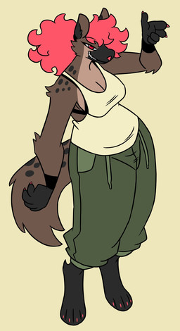 anthro bottomwear bra breasts brown_body brown_fur cleavage clothed clothing drawstring_bottomwear female fluffy fluffy_tail fur gesture green_bottomwear green_clothing green_pants grin hair hand_gesture looking_at_viewer markings pants pink_hair pointing pointing_at_viewer red_eyes red_hair sharp_teeth sleeveless_shirt smile solo spots spotted_markings spotted_tail tail tail_markings teeth underwear nerdyreindeer hyena mammal spotted_hyena hi_res
