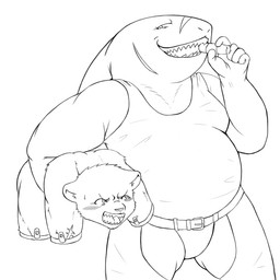 amputee anthro blush carrying_another clothing disability duo male overweight scar shirt smoking topwear underwear young young_anthro young_male jackboot_ihi aquatic canid canine fish mammal shark 1:1 2022 monochrome