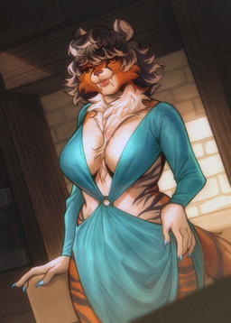 anthro black_hair black_sclera breasts cheek_tuft cleavage clothed clothing facial_tuft female fur grey_stripes hair half-closed_eyes highlights_(coloring) narrowed_eyes neck_tuft orange_body orange_fur skimpy_dress smile solo striped_body striped_fur stripes tuft white_body white_fur white_highlights ratsxteeth felid mammal prehistoric_species saber-toothed_tiger
