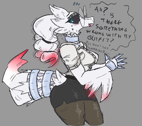 anthro black_sclera blue_eyes blush blush_lines bodily_fluids breasts dialogue female nervous nervous_smile nervous_sweat office_clothing simple_background solo speech_bubble sweat sweatdrop text white_body mik3hawk mythology nintendo pokemon riri_(mik3hawk) dragon generation_5_pokemon legendary_pokemon mythological_creature mythological_scalie pokemon_(species) reshiram scalie colored english_text