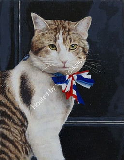 ambiguous_gender bow_tie collar ears_up feral fur green_eyes looking_at_viewer multicolored_body multicolored_fur photorealism realistic solo union_jack_clothing whiskers judith_swift larry_chief_mouser_to_the_cabinet_office domestic_cat felid feline felis mammal tabby_cat english_description formal_art portrait traditional_media_(artwork) watermark male_(lore)