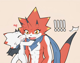 abs anthro blush duo horn kerchief kissing_cheek male male/male neckerchief neckwear red_body scarf size_difference white_body wings yellow_eyes tmdduq6918 bandai_namco digimon digimon_ghost_game betelgammamon digimon_(species) gammamon hi_res brother_(lore) brothers_(lore) incest_(lore) sibling_(lore)