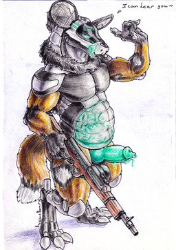 after_vore animal_genitalia animal_penis anthro balls balls_expansion belly bodily_fluids canine_genitalia canine_penis cybernetics expansion genital_expansion genital_fluids genitals leaking_precum machine male penis pose precum slightly_chubby solo solo_focus transparent_belly vore weapon anxiousboar african_wild_dog canid canine cyborg mammal synth_(vader-san) absurd_res colored_pencil_(artwork) hi_res traditional_media_(artwork)