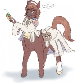alternate_species ambiguous_gender brown_body brown_fur brown_hair clothing coat dialogue food fur grey_hooves grey_nose hair hooves lab_coat laboratory_equipment laboratory_glassware leg_markings markings red_eyes satchel scientific_instrument socks_(marking) solo speech_bubble standing sweater taco test_tube text topwear white_markings yellow_hooves welcometaco cygames uma_musume_pretty_derby agnes_tachyon_(pretty_derby) equid equid_taur equine equine_taur horse horse_taur mammal mammal_taur taur english_text hi_res