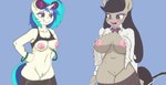 anthro anthrofied big_breasts black_hair blue_background blue_hair blush bottomwear bottomwear_down breast_size_difference breasts clothed clothing curvy_figure duo eyewear female female/female fur genitals grey_body grey_fur hair long_hair midriff multicolored_hair navel nipples open_clothing open_mouth open_shirt open_topwear pants pants_down partially_clothed purple_eyes pussy shirt simple_background smile thick_thighs topwear two_tone_hair voluptuous white_body white_fur wide_hips kevinsano lizombie third-party_edit friendship_is_magic hasbro my_little_pony octavia_(mlp) vinyl_scratch_(mlp) earth_pony equid equine horse mammal pony 2014 colored digital_media_(artwork)