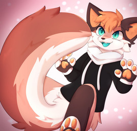 4_fingers anthro bottomless brown_markings cheek_tuft clothed clothing facial_tuft fangs fingers fur hair hoodie hoodie_only male markings midair multicolored_body multicolored_fur open_mouth open_smile orange_body orange_fur orange_hair orange_pawpads pawpads paws short_hair smile solo tail teeth topwear topwear_only tuft white_body white_fur appliei canid canine fox mammal 2023 colored digital_drawing_(artwork) digital_media_(artwork) hi_res shaded
