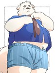 anthro belly clothing kemono male necktie one_eye_closed overweight overweight_male shirt simple_background solo topwear underwear inunoshippo canid canine canis domestic_dog mammal 2024 3:4 hi_res