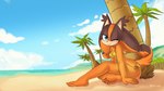 absurd_res badger beach bikini blush clothed clothing female hi_res looking_at_viewer mammal mustelid musteline one_eye_closed palm_tree plant sand sea sega sitting smile solo sonic_boom sonic_the_hedgehog_(series) sparkydb sticks_the_jungle_badger swimwear tomboy tree tropical water wink