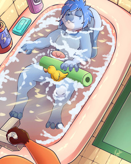 anthro bath bathroom bathtub biped bird's-eye_view black_outline convenient_censorship detailed_background duo glistening glistening_hair hair high-angle_view inside male mostly_offscreen_character nude outline partially_submerged relaxing resting soap solo_focus tasteful water galo lagomorph leporid mammal rabbit 2020 absurd_res censored digital_media_(artwork) full-length_portrait hi_res portrait shaded signature
