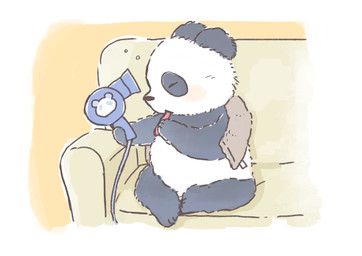 anthro black_body black_fur black_nose blush chibi eyes_closed fur furniture kemono sitting slightly_chubby sofa solo towel white_body white_fur araru bear giant_panda mammal 2021
