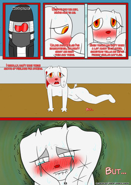 ambiguous_gender anthro bandage bandaged_head bed belt bite biting_lip biting_own_lip black_clothing black_coat black_hat black_headwear black_topwear blush blushing_profusely bodily_fluids clothed clothing coat comic_panel crying dialogue doll duo eyewear female floating_hands fur furniture genitals glasses grey_body grey_skin hat headgear headwear kerchief mask multicolored_eyes nervous nude red_eyes red_nose self_bite shaking stitch_(sewing) sweat sweatdrop tail tears teeth teeth_showing text topwear trembling vulva white_body white_fur worried worried_look yellow_eyes otakon_(artist) 2spot_studio bloody_bunny_(series) madness_combat bloody_bunny hank_j._wimbleton animate_inanimate lagomorph leporid living_doll mammal nevadean_(madness_combat) rabbit absurd_res comic digital_media_(artwork) english_text hi_res tagme