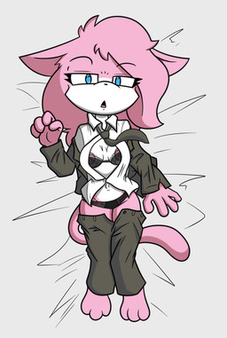 3_toes 4_fingers anthro bedroom_eyes black_bra black_clothing black_panties black_suit black_underwear blue_eyes bottomwear bottomwear_down bra breasts clothed clothing collared_shirt countershade_face countershade_torso countershading dress_shirt feet female fingers fur lace_bra lace_panties lying narrowed_eyes navel necktie nipples on_back open_clothing open_shirt open_suit open_topwear panties pants pants_down partially_clothed pink_body pink_fur seductive shirt solo suit toes topwear underwear white_body white_fur manwithnobats zeigram_(colorist) vg_cats aeris_(vg_cats) domestic_cat felid feline felis mammal 2026 hi_res