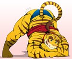 anthro ass_up blush clothing jack-o'_pose looking_at_viewer male pose solo tongue tongue_out bearlovestiger13 morenatsu torahiko_(morenatsu) felid mammal pantherine tiger