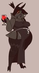 2_horns alcohol anthro avian_feet belly beverage big_breasts biped black_eyes bodily_fluids breasts clothing container cup curvy_figure dress drinking_glass ear_piercing female female_anthro glass glass_container glass_cup harness holding_container holding_cup holding_drinking_glass holding_glass holding_object holding_wine_glass horn legwear nipple_outline nipple_piercing_outline occult_symbol pentagram pentagram_harness piercing red_sclera solo standing symbol thick_thighs thigh_highs voluptuous wide_hips wine wine_glass xenopavilia baphomet_(xenopavilia) bovid caprine caprine_demon demon goat_demon mammal 2023 hi_res