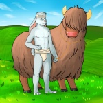 abs anthro blue_body blue_eyes blue_fur blue_hair brown_hair bulge clothed clothing cloud duo feral fur hair hooves leash male muscular nipples outside pecs quadruped sky smile teeth topless underwear white_body white_fur genchi bison bovid bovine lagomorph leporid mammal rabbit 1:1 hi_res