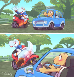 anthro anus balls blood blue_shell bodily_fluids bottomless butt clothed clothing driving driving_car duo exhibitionism genitals humanoid_genitalia humanoid_penis looking_back male motorcycle nosebleed penis presenting presenting_hindquarters public shell solo_focus spiny_shell_(mario_kart) steering_wheel tail tongue vehicle fluffydisk42 mario_bros mario_kart mario_kart_world mythology nintendo yoshi_(character) yoshi_(touring) dinosaur dragon koopa koopa_troopa mythological_creature mythological_scalie prehistoric_species reptile scalie turtle white_yoshi yoshi comic digital_media_(artwork) hi_res shaded