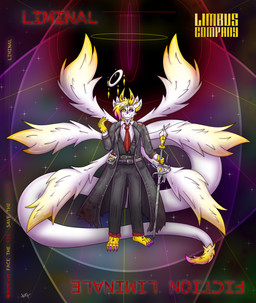 accessory anthro blonde_hair blood blood_on_clothing blood_on_object blood_on_weapon bodily_fluids clothed clothed_anthro clothing costume crystal hair halo holding_melee_weapon holding_object holding_sword holding_weapon horn male melee_weapon necktie solo sword text weapon wings elysios limbus_company mythology project_moon liminal_(elysios) dragon mythological_creature mythological_scalie scalie absurd_res english_text hi_res portrait