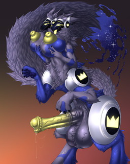 2_heads animal_genitalia animal_penis anthro areola balls big_areola big_balls big_breasts big_nipples blue_body bodily_fluids breasts clothing equine_genitalia equine_penis erection fur genital_fluids genitals grey_body gynomorph huge_breasts huge_nipples intersex machine multi_head nipples penis protogen_visor simple_background smile solo sweat tail thick_thighs tongue vein veiny_balls veiny_penis mirapony franz_(mister-r) goo_creature hybrid protogen protogen_taur taur absurd_res digital_media_(artwork) hi_res