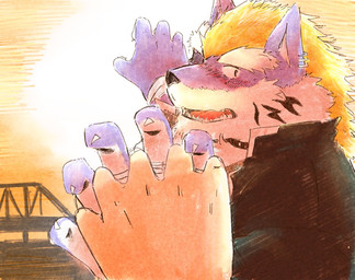 anthro blush clothing embarrassed eyebrows hand_holding jacket male mohawk muscular muscular_male sunset tattoo thick_eyebrows topwear sawch_cls lifewonders tokyo_afterschool_summoners fenrir_(tas) canid canine canis human mammal wolf hi_res