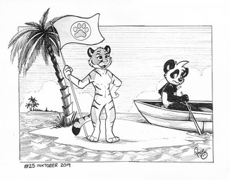 anthro boat breasts casual_nudity cheek_tuft duo facial_tuft featureless_breasts featureless_crotch female female_anthro flag flag_(object) front_view hand_on_hip head_tuft holding_flag holding_object island logo male male_anthro mouth_closed nude open_mouth open_smile outside palm_tree plant side_view sitting smile standing tree tuft vehicle watercraft young young_anthro young_male pandapaco parinton bear felid giant_panda mammal pantherine tiger 2019 artist_logo dated monochrome signature traditional_media_(artwork)