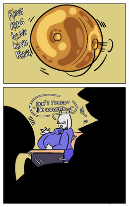 anthro bell big_breasts bottomwear breasts clothed clothing desk dialogue eyes_closed eyewear female fur furniture gesture glasses mature_female pants school shadowy_figure shirt sitting smile solo speech_bubble table text topwear waving white_body white_fur draneko132 deltarune undertale undertale_(series) toriel bovid caprine goat mammal 5:8 comic english_text