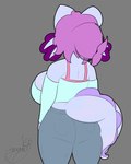 anthro back_boob big_breasts big_butt bottomwear bra breasts butt clothed clothing crop_top denim denim_bottomwear denim_clothing female hair huge_breasts jeans long_sleeves looking_away pants pink_body purple_hair rear_view shirt simple_background solo standing tail tight_clothing topwear underwear gazaster dalia_(gazaster) amphibian axolotl felid feline felis hybrid mammal marine mole_salamander salamander 2025 absurd_res digital_media_(artwork) hi_res signature