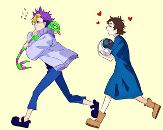 anthro armor blep boots clothing dress eyewear female footwear glasses green_body group headgear heart_symbol helmet hug male shoes smile tongue tongue_out trio st14_kr010 bandai_namco digimon digimon_beatbreak miharu_kagemori tomoro_tenma digimon_(species) gekkomon human mammal scalie